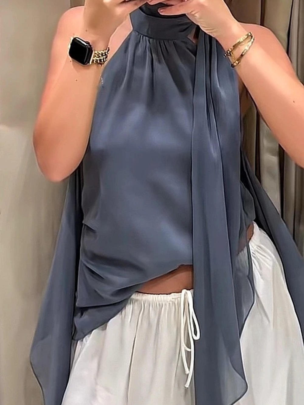 Zara ZW Collection Asymmetric Halter Top Blue Medium